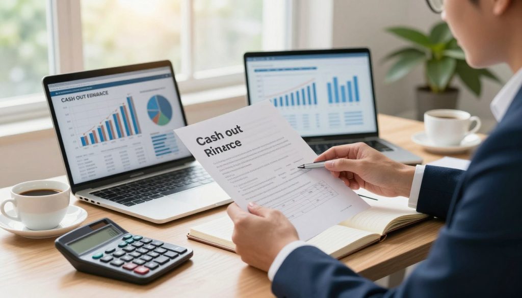 A modern home office setting, featuring a professional individual in business attire reviewing financial documents and laptop screens displaying graphs and charts related to cash out refinance benefits. In the foreground, a calculator and a cup of coffee on the desk, symbolizing focus and analysis. The middle area shows an open notebook with notes on debt consolidation strategies. In the background, light pours in through large windows, creating a bright and optimistic atmosphere, with greenery visible outside. The composition should reflect a sense of clarity and empowerment, emphasizing the practical advantages of a cash out refinance in a serene and organized workspace. The lighting is warm, with soft shadows, capturing a balanced and inspiring environment.