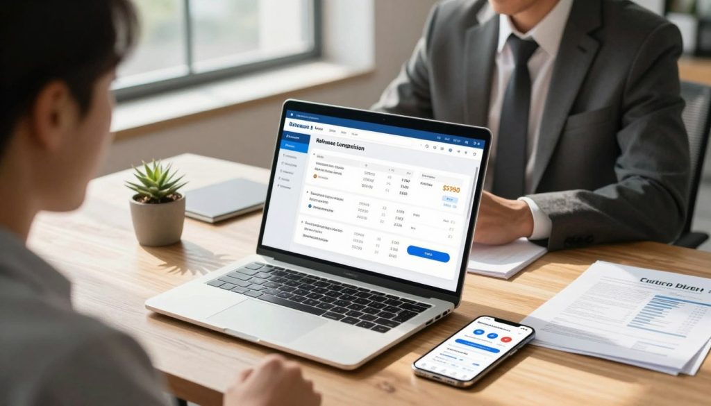 A modern refinance loan comparison tool set on a sleek wooden desk in a well-lit office environment. In the foreground, a laptop displays a user-friendly interface with various refinance offers and rates, while a smartphone nearby shows a financial app open to a similar comparison screen. In the middle background, a professional in business attire, attentively analyzing the information on the laptop, exudes focus and determination. Natural light filters in through a large window, casting soft shadows and creating an inviting atmosphere. The overall mood is one of clarity and empowerment, highlighting the importance of making informed financial decisions. Subtle decorative elements, like a potted plant and financial documents, enhance the scene without overpowering the main focus, which is the loan comparison tool. The angle is slightly elevated, providing a comprehensive view of the workspace.