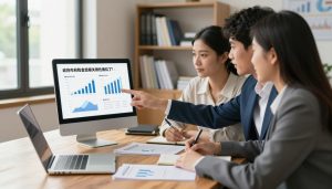 A professional financial advisor and a couple sit around a wooden table, reviewing documents related to government refinance loan eligibility. The advisor, dressed in a crisp suit, points to a computer screen displaying clear graphs, charts, and eligibility criteria. The couple, casually yet neatly dressed, appears engaged and focused, taking notes. The foreground showcases the laptop and paperwork arranged neatly, while the middle layer captures the interaction between the characters. In the background, a well-organized office scene with bookshelves filled with financial literature and a window revealing a sunny day, creating a hopeful and optimistic atmosphere. Soft, natural lighting enhances the warm and inviting mood, with a slight focus on the advisor's presentation, suggesting professionalism and trustworthiness.