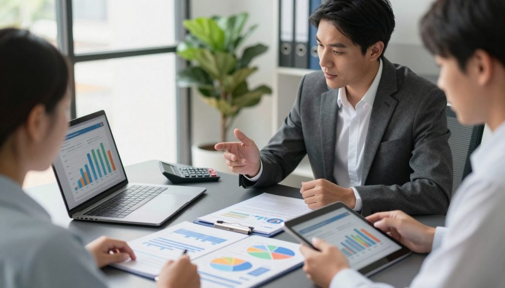 A professional financial advisor seated at a sleek desk with a laptop open, displaying a detailed comparison chart of refinance offers. In the foreground, a set of colorful documents is neatly arranged, showcasing graphs and percentages. The advisor, dressed in a tailored suit, appears engaged in discussion with a client beside them, who is reviewing a tablet with similar information. The middle ground captures a well-organized workspace with a plant and a calculator, emphasizing productivity. In the background, a modern office setting with large windows letting in natural light creates an inviting atmosphere. The overall mood is focused and professional, aiming to convey efficiency and clarity in gathering refinance offers, with a soft focus effect to enhance depth.