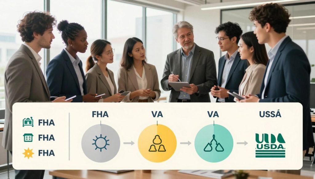 A professional infographic illustrating the comparison of various government refinance programs. In the foreground, a detailed chart with labeled sections for different programs, featuring icons representing traditional loans, FHA, VA, and USDA options. In the middle ground, a stylized depiction of a diverse group of professionals in business attire discussing the chart, highlighting collaboration and financial planning. The background shows a modern office setting with large windows offering natural light, giving a sense of openness and transparency. Use a warm color palette to create an inviting and informative atmosphere. The image should be clear, well-organized, and visually engaging, without any text or branding elements.
