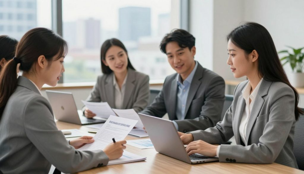 A professional, modern office environment features a diverse group of individuals collaborating around a large conference table. In the foreground, a confident male and female loan officer, both dressed in smart business attire, discuss refinancing options while analyzing documents and using a laptop. In the middle ground, a couple, appearing engaged and optimistic, listens attentively as they review refinancing materials. The background displays a large window with a city skyline, allowing natural daylight to illuminate the scene, enhancing a warm and inviting atmosphere. The photo is composed with a slight depth of field, focusing on the interaction at the table while softly blurring the background. Overall, the image conveys a sense of teamwork and professionalism within the refinancing process.