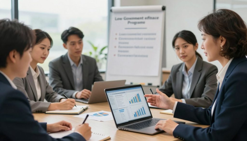 A professional scene depicting a diverse group of individuals in business attire engaging in a discussion about government loan options. In the foreground, a middle-aged woman gestures towards a presentation on a laptop, showing charts and graphs of refinancing statistics. The middle layer features a flip chart with bullet points outlining low-income government refinance programs, surrounded by focused adults taking notes. In the background, softly blurred, an office environment with large windows allowing natural light to illuminate the room, conveying a sense of optimism and opportunity. The mood is collaborative and informative, reflecting a constructive atmosphere where ideas are being shared and explored. Use warm lighting to enhance a welcoming ambiance.