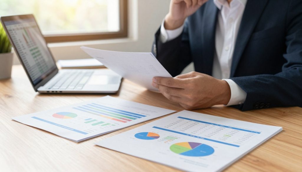 A professional setting showcasing a side-by-side comparison of refinance loan offers on a sleek wooden desk. In the foreground, a close-up of neatly organized documents with colorful graphs and charts, highlighting various loan rates and terms. A laptop displays a financial analysis spreadsheet. In the middle ground, a focused individual in a smart business attire, analyzing the documents with a thoughtful expression. In the background, a window with soft, natural sunlight filtering through, illuminating the workspace and creating a warm, inviting atmosphere. The scene conveys a sense of professionalism and diligence, ideal for contemplating important financial decisions regarding refinancing options.