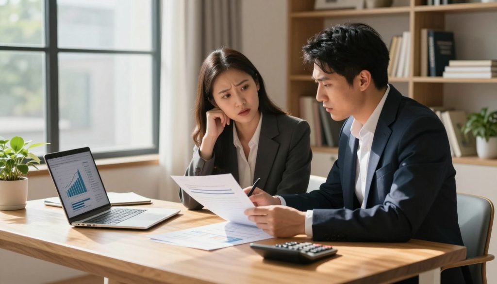 A serene home office scene depicting a professional couple reviewing financial documents at a modern wooden desk. The foreground features a laptop displaying graphs of debt and home equity, alongside paperwork and a calculator. In the middle, the couple, dressed in smart business attire, appear engaged in discussion, with a concerned yet hopeful expression. Natural light streams through a large window, casting soft shadows and creating a warm and inviting atmosphere. The background includes a cozy bookshelf filled with financial books and a houseplant, suggesting stability and growth. The overall mood is focused and optimistic, illustrating the concept of debt consolidation through home equity with clarity and professionalism.