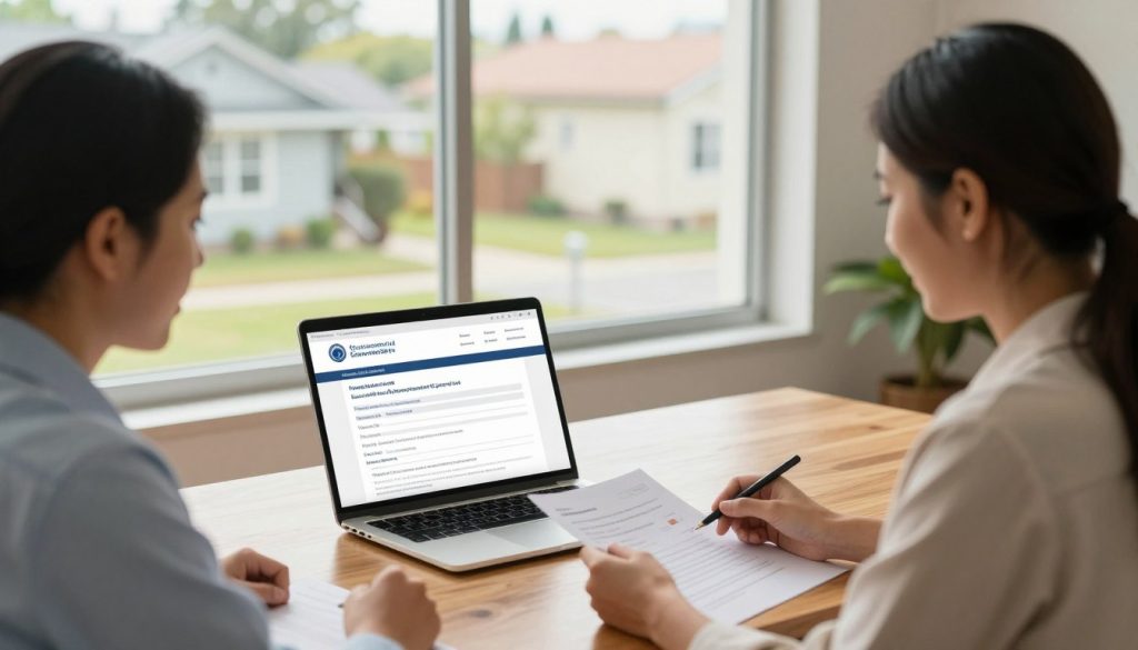A welcoming office environment illustrating the application process for affordable home loan programs. In the foreground, a professional man and woman, dressed in business attire, are seated at a polished wooden desk, engaged in discussion while reviewing documents. In the middle, a laptop displays application forms with a clear view of government program logos. Behind them, a large window lets in soft, warm natural light, highlighting a serene neighborhood outside, with modest homes visible. Soft-focus greenery in the background adds to the calming atmosphere. The overall mood is one of optimism and support, emphasizing accessibility and community. The image is well-lit, with a slightly elevated angle to capture both the subjects and the inviting space.